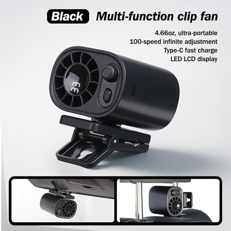 Car Clip on Fan with LED Display - 360° Rotation, 100 Speeds Adjustable, USB Rechargeable Personal Cooling Fan 1800Mah Battery