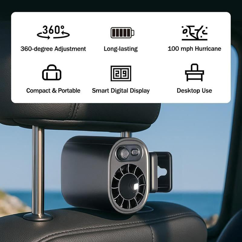 Car Clip on Fan with LED Display - 360° Rotation, 100 Speeds Adjustable, USB Rechargeable Personal Cooling Fan 1800Mah Battery